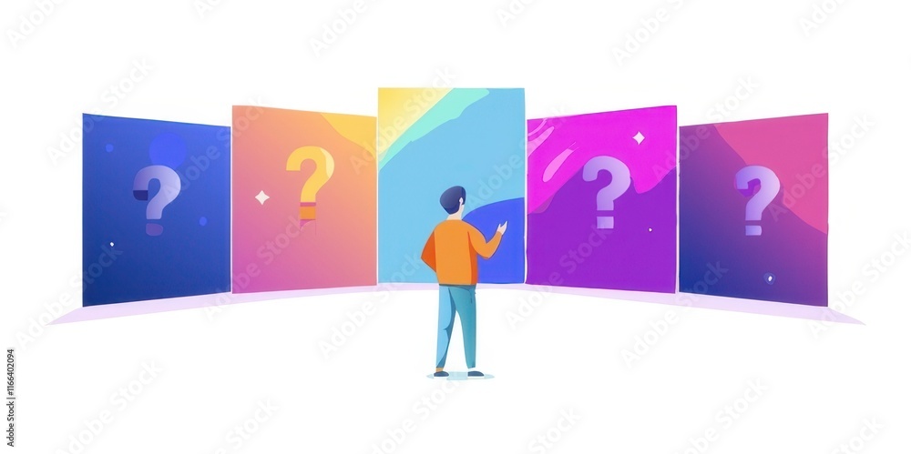 Poster a person stands contemplating colorful screens with question marks, symbolizing choices or decisions