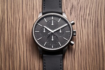 close up of a watch with a leather strap on wooden background with copy space.