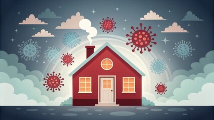 A whimsical illustration of a red house surrounded by clouds and floating virus symbols, symbolizing home safety during a pandemic.