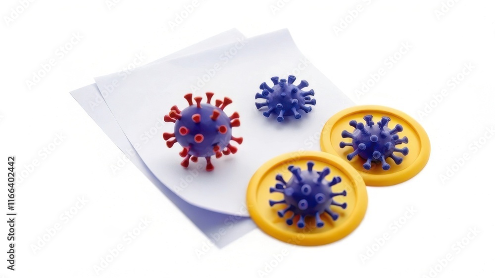Poster a colorful representation of viruses on paper, showcasing their structure with yellow circular model