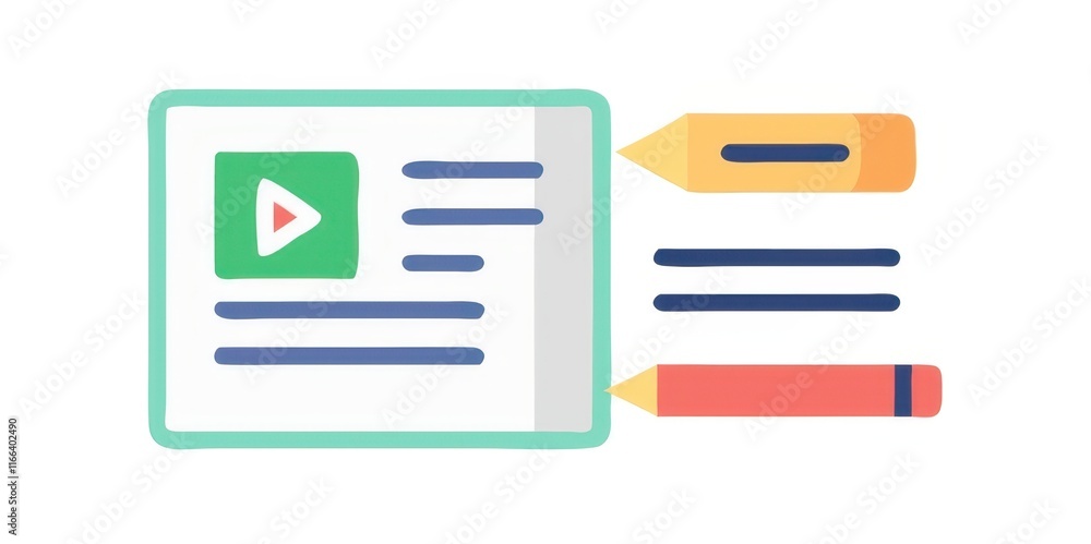 Poster a colorful digital interface featuring a play button, text, and two pencils, symbolizing multimedia 