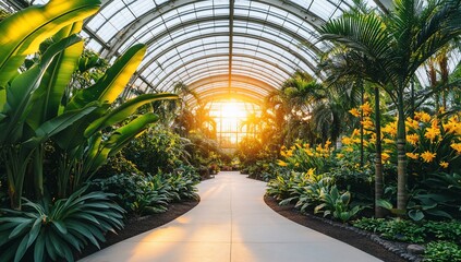 Botanical garden path, sunset through glass roof, lush tropical plants