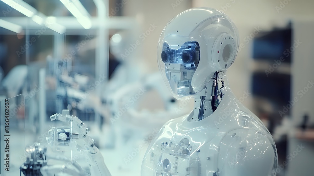 Poster close-up of a translucent white robot in a futuristic factory setting. other robots are blurred in t