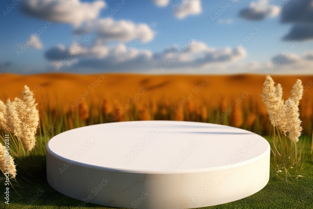 Aufkleber 3d rendering of minimalist podium surrounded by tall grass and clouds against a scenic background wi