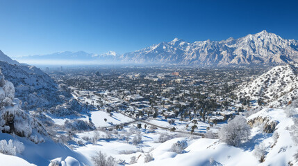 panoramic aerial view of snowy mountain city with winter landscape and snow capped mountains from above