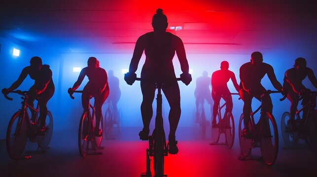 Silhouetted cyclists in a dimly lit room, illuminated by red and blue lights, creating a dramatic and energetic atmosphere.  They are participating in a cycling class or training session.