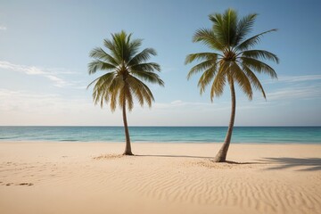 Obraz premium two palm trees on a beach with a blue ocean in the background