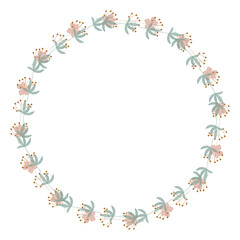Round floral wreath frame with hand drawn flowers and leaves decoration
