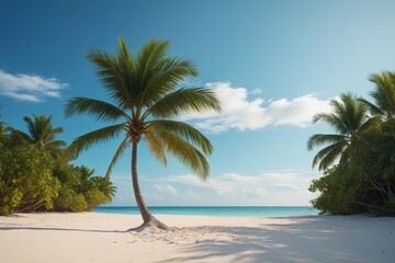 Fototapeta premium there is a palm tree on the beach with a blue sky