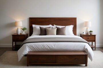 there is a bed with a wooden headboard and a white blanket