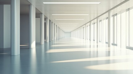 Obraz premium Modern, bright office corridor with sunlight streaming through large windows.