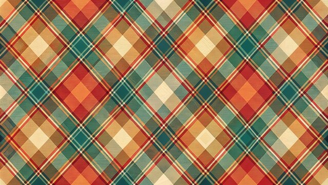 Warm-toned diagonal plaid pattern featuring muted orange, teal, and beige hues suitable for textile design and autumnal themes