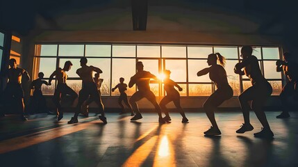 Silhouetted fitness class exercising energetically in a gym with sunset streaming through large windows.  High energy workout. Healthy lifestyle.