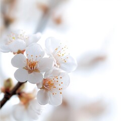 A delicate cluster of white blossoms on a branch, softly illuminated against a light background, evoking a serene, springtime atmosphere.