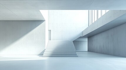 Fototapeta premium Modern minimalist concrete building interior with stairs and sunlight.