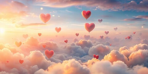 Obraz premium Heart-shaped balloons drift serenely amidst a breathtaking sunset sky, creating a romantic and peaceful scene.