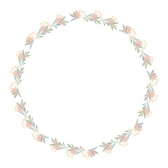 Round floral wreath frame with hand drawn flowers and leaves decoration
