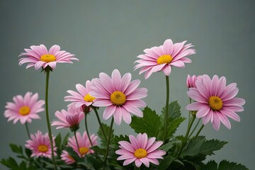 Obraz premium there are many pink flowers in a vase with green leaves