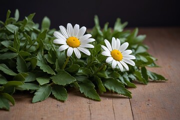 Obraz premium there are two white flowers with yellow centers on a wooden table