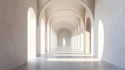 Sunlit arched hallway with minimalist design.