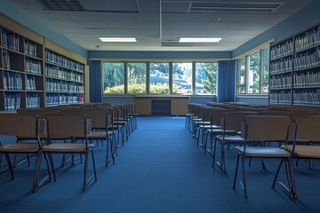 Fototapeta premium Empty Classroom with Rows of Chairs and Bookshelves