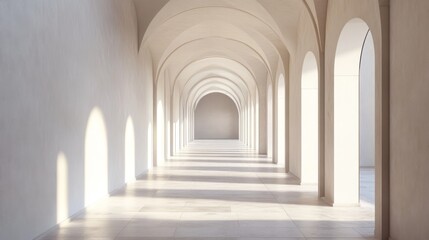 Obraz premium Sunlit arched hallway with soft light and shadows.