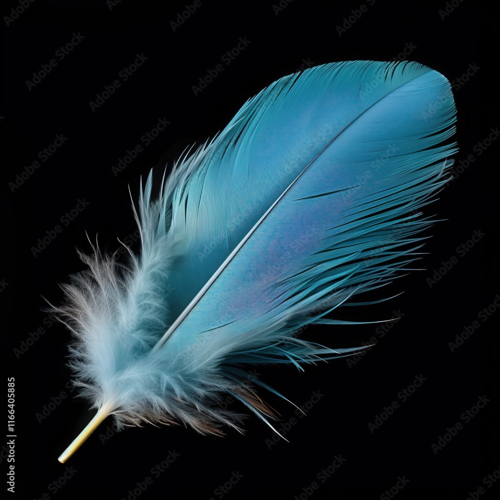 Poster isolated blue feather displayed on a black background with intricate details and textures for creati