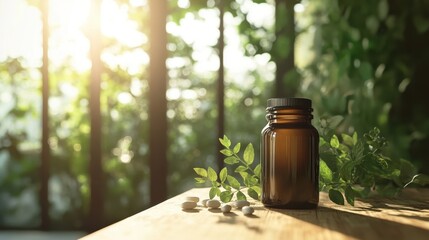 Amber bottle with pills and green leaves on wooden surface. Represents natural health supplements or herbal remedies.