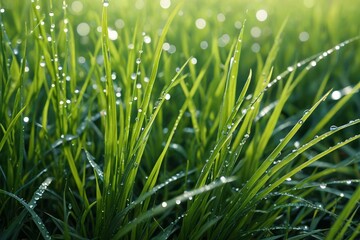 a close up of a field of grass with water droplets