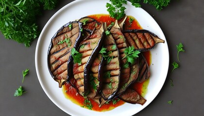 Grilled Eggplant Slices with Tomato Sauce and Fresh Parsley on a White Plate