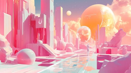 A vibrant futuristic landscape with pink hues and surreal architectural features.