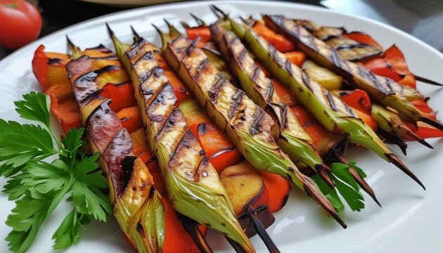 Delicious Layered Patl Kebab on Skewers with Colorful Vegetables and Fresh Herbs
