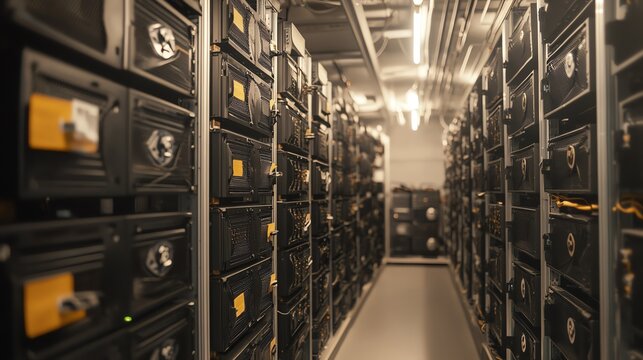 Modern data storage facility with rows of secure server cabinets and organized equipment.