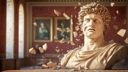 A broken marble bust in a museum setting, symbolizing art's fragility and history.