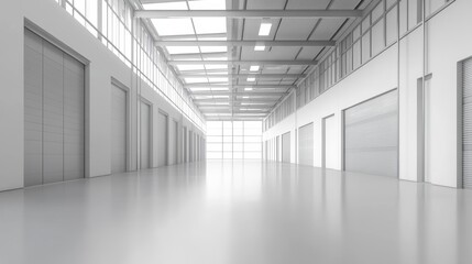 Modern spacious warehouse interior with large windows and loading doors.