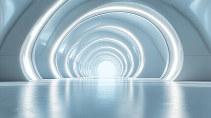 Obraz premium Futuristic glowing tunnel with reflective floor.