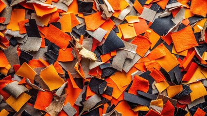 A vibrant collection of irregularly shaped orange, black, and gray confetti pieces