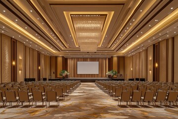 Grand ballroom with rows of chairs, elegant decor, and a large screen. Ideal for presentations, conferences, or corporate events.