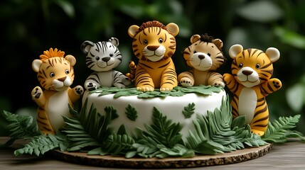 Adorable tiger cubs atop a jungle-themed cake.