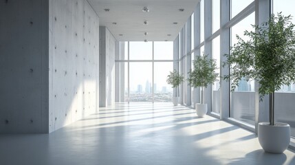 Sunlit modern office hallway with city view.