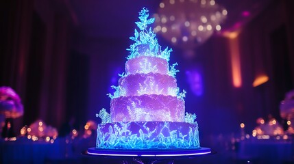 Elegant glowing wedding cake display at night.