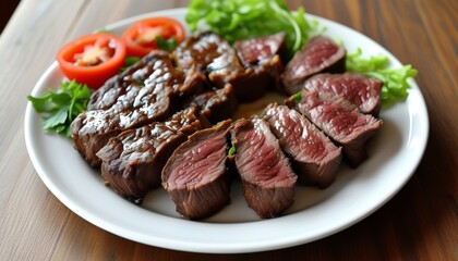 Juicy Grilled Picanha Slices Served with Fresh Vegetables on a White Plate
