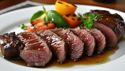 Fototapeta premium Juicy Grilled Picanha Slices with Fresh Vegetables and Herb Garnish on White Plate