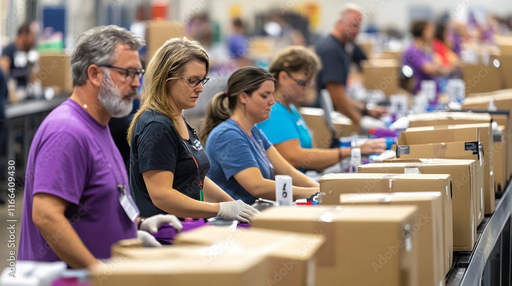Poster Workers in a warehouse efficiently package and sort products on a conveyor belt, showcasing teamwork and productivity in a fast-paced environment.