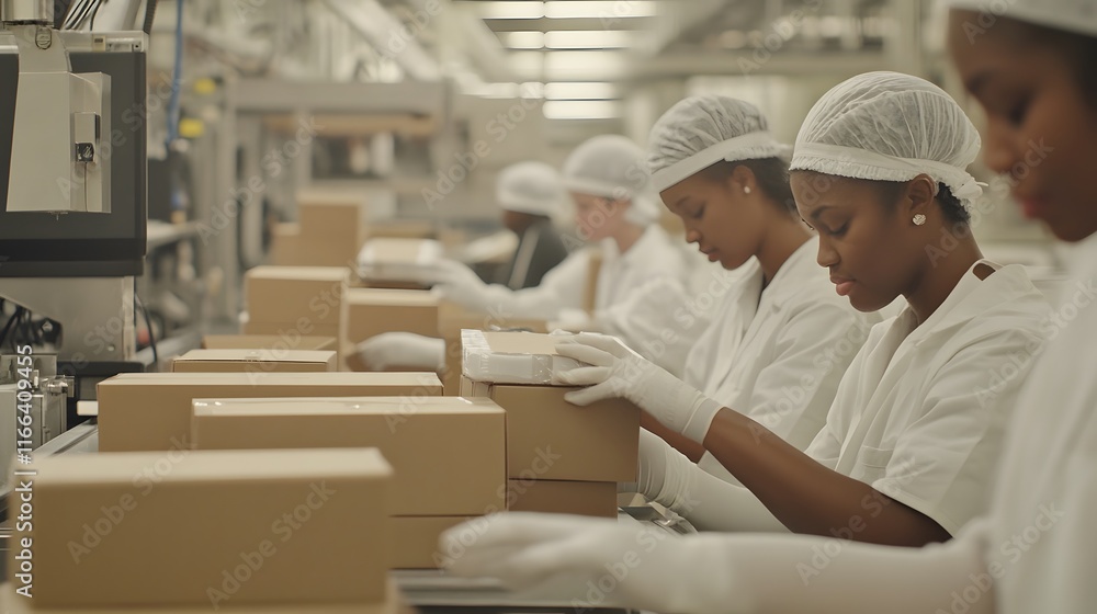 Poster factory workers in white coats and gloves package cardboard boxes on an assembly line. a focus on ef