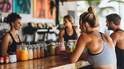 Two women wait at a gym's juice bar, chatting while a man and another woman are out of focus in the background. Various colorful smoothies and juices are displayed on the counter.