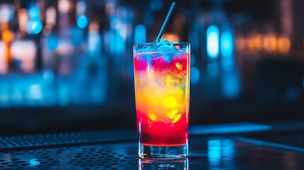 Vibrant cocktail with colorful layers in glass.