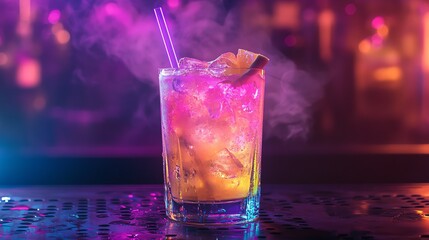 Vibrant cocktail with smoke and colorful lights.