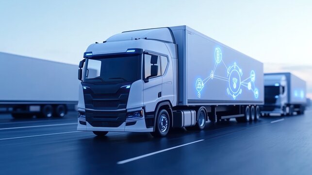 Futuristic truck with digital features on a highway.