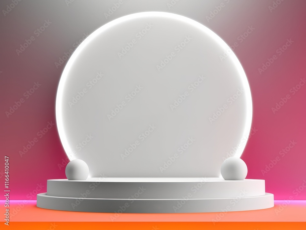 Poster minimalist 3d podium display with soft neon background and light effects for presentations and creat